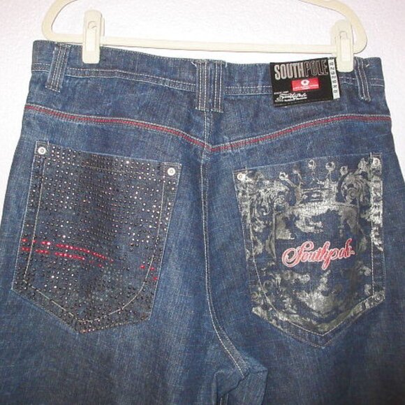Vtg South Pole Baggy Jean Shorts 38 Jorts Y2K Studs Red Tab Logo Grunge Skate - Picture 1 of 12